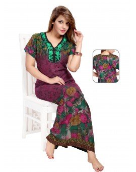 High Quality Alpine Cotton Floral Print Long Nighty - Violet Red